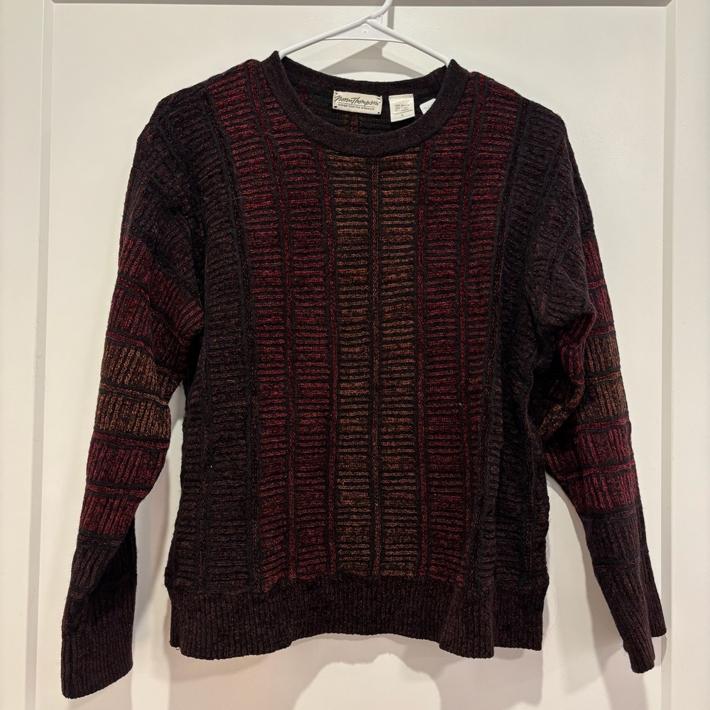 Norm Thompson Wool Blend Striped Crewneck Sweater Burgundy Rust Black Large